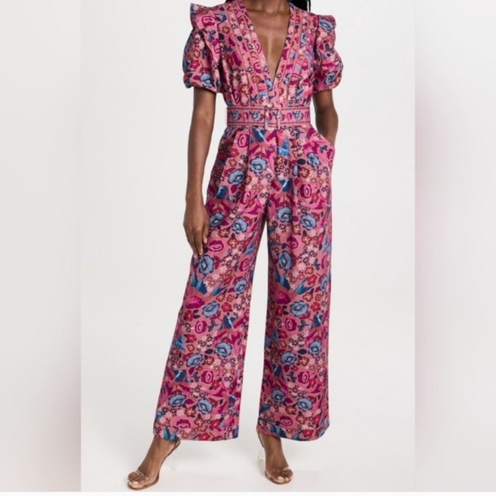 Farm Rio Floral Birds Blush Jumpsuit Large